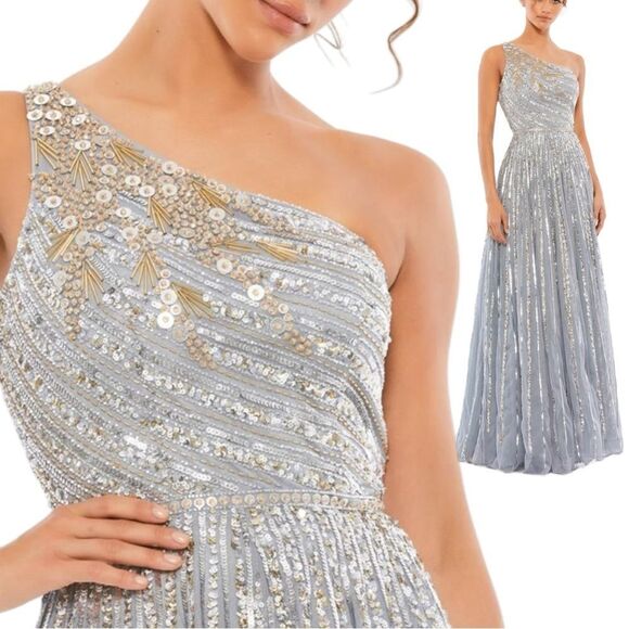 Mac Duggal Dresses & Skirts - Mac Duggal Dress 16 Silver One Shoulder‎ Embellished Sequin Beaded Maxi Gown NWT